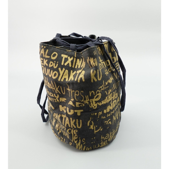 RH Teen Restoration Hardware Bucket Bag Small Black Gold Tone Allover Print - Picture 3 of 12